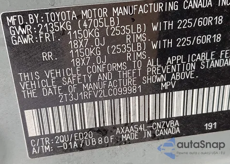 2020 Toyota Rav4 Trd Off-Road z USA, uszkodzony, nr VIN 2T3J1RFV2LC099981